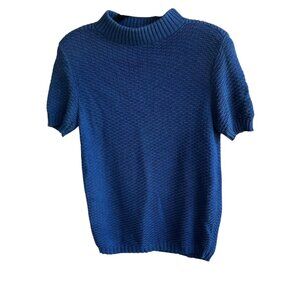 Alberoy Vintage 70s Navy Blue Ribbed Knit 100% Cotton Short Sleeve Sweater